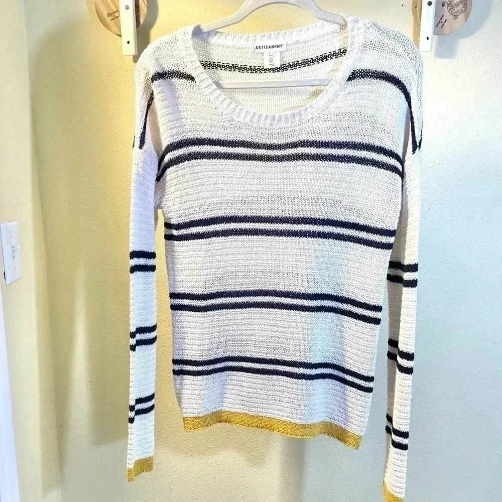 Artisan NY Womens Size Small Sweater Top Open Weave White Blue Gold Nautical